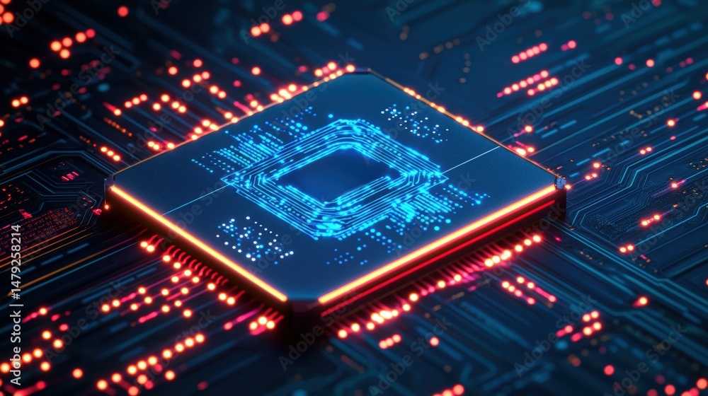 Poster close-up of a futuristic digital security chip embedded in a circuit board with glowing neon element