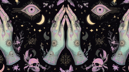 Turquoise female alien hands with moon on black. Creepy cute vector illustration. Gothic design, mystic magic symbol, pastel colors. Future telling, Halloween concept.