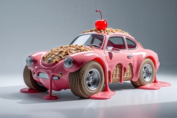 Pink Ice Cream Car with Waffle Texture and Cherry Top