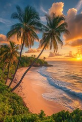 Tropical beach at sunset. Lush palm trees line a sandy shore as the sun dips below the horizon