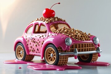 Pink Ice Cream Car with Waffle Texture and Cherry Top