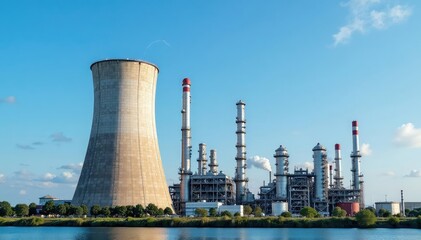 Large industrial refinery cooling tower against a blue sky , structure, tall