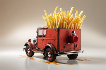 Classic Red Truck Carrying French Fries in the Back