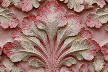 Ornate floral relief design in pale pink and cream.