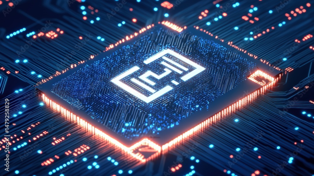 Aufkleber close-up of a futuristic digital microchip or integrated circuit emitting bright blue and orange glo