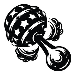 Stylized Black and White Illustration of a Baby Rattle with Star Pattern