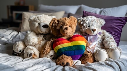 Adorable and Colorful Plush Bears with Heart on a Cozy Bed Setting for Playful Decor