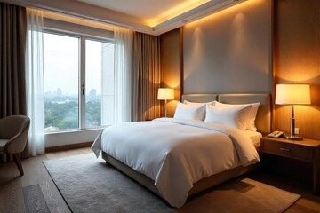 Luxurious hotel room, plush bedding, soft lighting, dark, plush, comfort