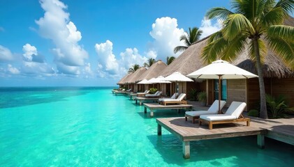 Luxury umbrella resort, thatched roofs, turquoise water, tropical paradise , cabana, hut, paradise