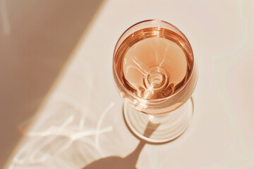 close up image of a glass of rose wine illuminated by sunlight