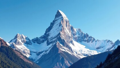Obraz premium Majestic rocky mountain peak, snow capped, clear blue sky , boulder, steep, peak