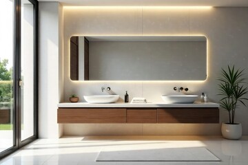 Fototapeta premium Modern bathroom with large mirror, sleek fixtures, and clean lines Stylish and minimalist design , wall, grey bathroom, style