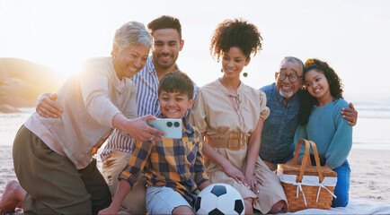 Smile, big family and phone for selfie on beach for photography, vacation memory and social media post. Happy, people and kids with mobile for profile picture update, ocean getaway and bonding at sea