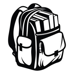 Black and white illustration of a backpack overflowing with books