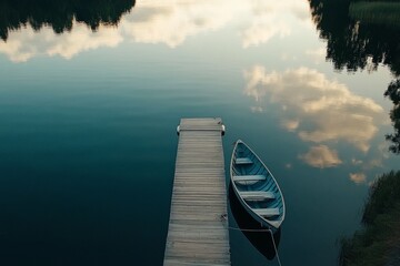 A tranquil lakeside view shows a wooden dock with a rowboat secured nearby. The calm waters mirror the soft clouds overhead, creating a peaceful atmosphere ideal for relaxation