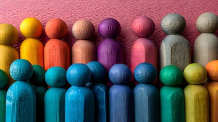 Colorful Wooden Figures Representing Diversity and Community in a Creative Artistic Arrangement