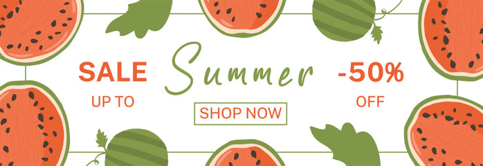 Horizontal Banner with Summer watermelon berries, juicy design for sales, promotions, discount coupons. Advertising materials National Watermelon Month is a vector template for celebrating August 3rd