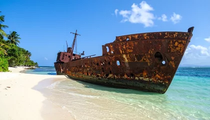 tropical beach with rusty wrecked ship