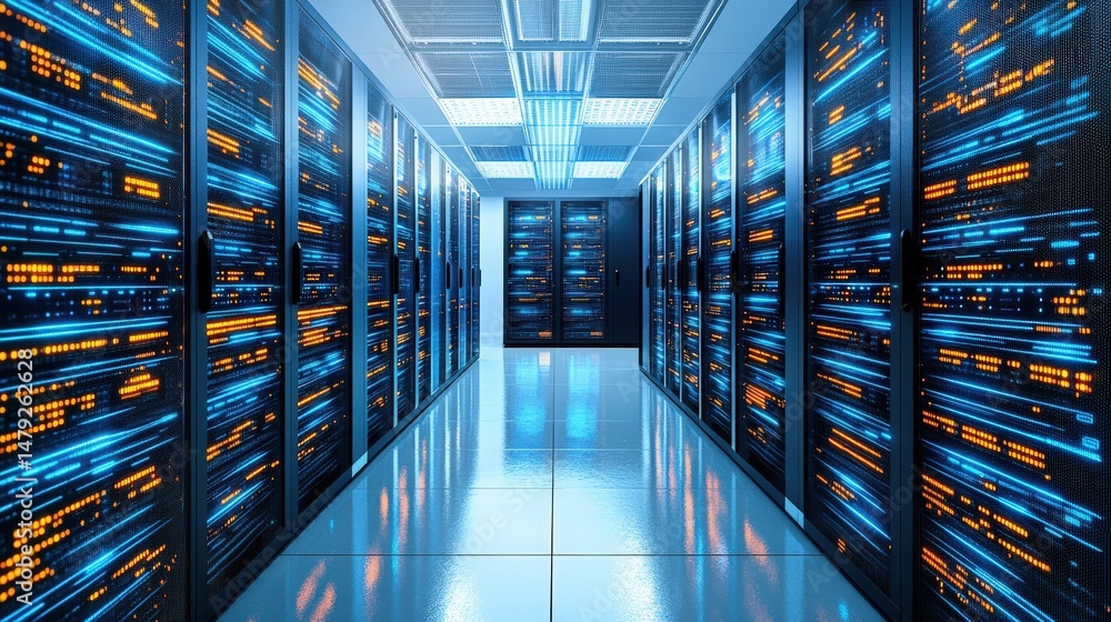 Aufkleber modern data center server room with high tech servers and cooling systems in a futuristic blue illum