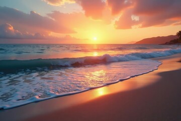 Serene beach scene at sunset, calm ocean waves lapping gently on the shore , calm, comfort