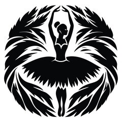 Elegant Silhouette of a Ballerina Surrounded by Stylized Feathers or Leaves