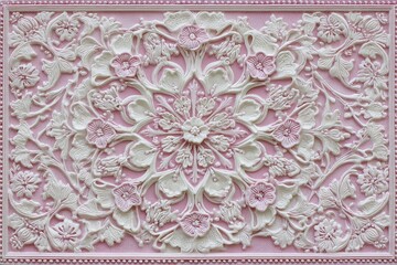 Ornate, floral relief panel design in pink and white.
