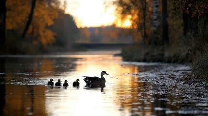 A mother duck leading her ducklings across a calm pond