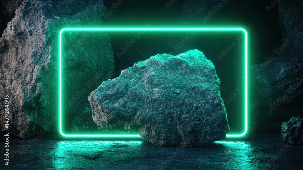 Poster dark moody cave with large rugged rock illuminated by neon green rectangular frame reflecting on wet