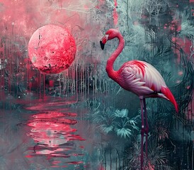 chaotic abstract expressionism for flamingo animal