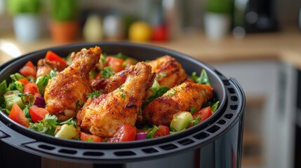 Fototapeta premium A dish of fried chicken paired with fresh greens and cherry tomatoes as garnish.