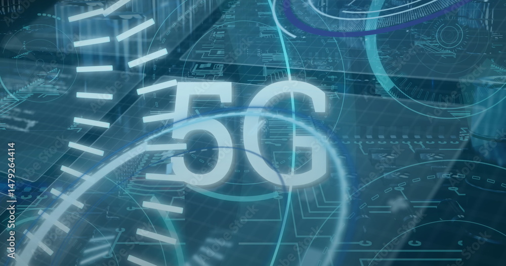 Poster glowing 5g text streaming across virtual network grid, with circuit board patterns, data flow lines
