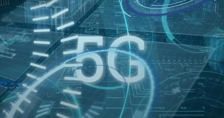 Glowing 5G text streaming across virtual network grid, with circuit board patterns, data flow lines