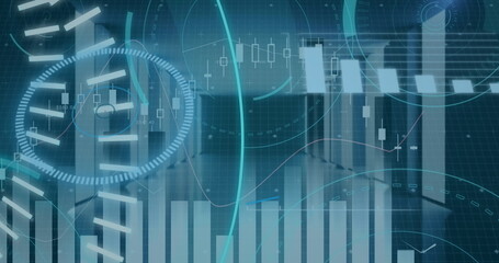 Projecting translucent bar charts across futuristic corridor pillars, with glossy floor reflections