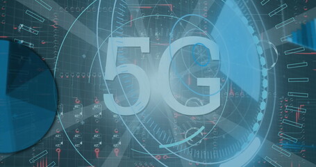 Displaying large 5G typography streaming over dark technology dashboard, with circular radar rings