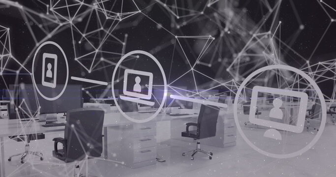 Floating semi-transparent digital network overlay above office desks, with monitors and chairs