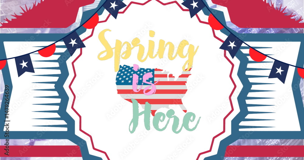 Poster displaying colorful patriotic sign in poster design, featuring spring text and us flag map motif