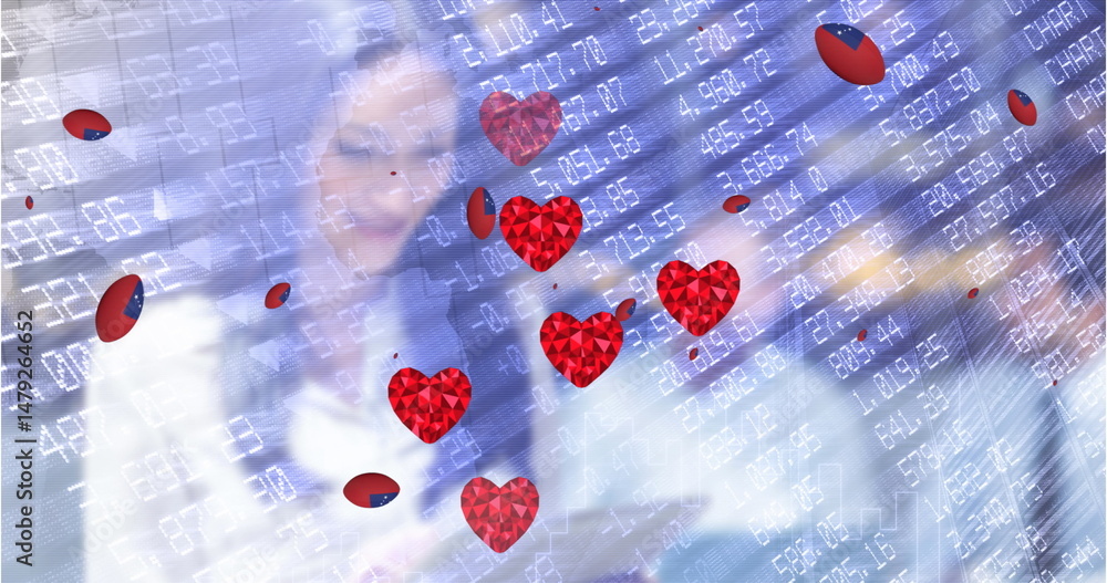 Poster colleagues studying stock data on glass display in office, with folder and floating heart icons