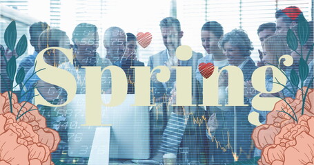 Analyzing financial charts on large monitor by group in meeting room, with spring floral theme