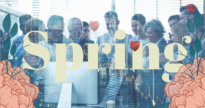 Analyzing financial charts on large monitor by group in meeting room, with spring floral theme