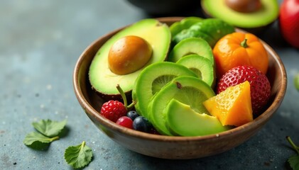 Sliced avocado with other fresh fruits in a bowl, vibrant, slices, green