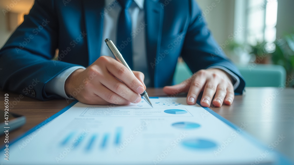 Aufkleber business professional writing on report with charts and data analysis in office setting