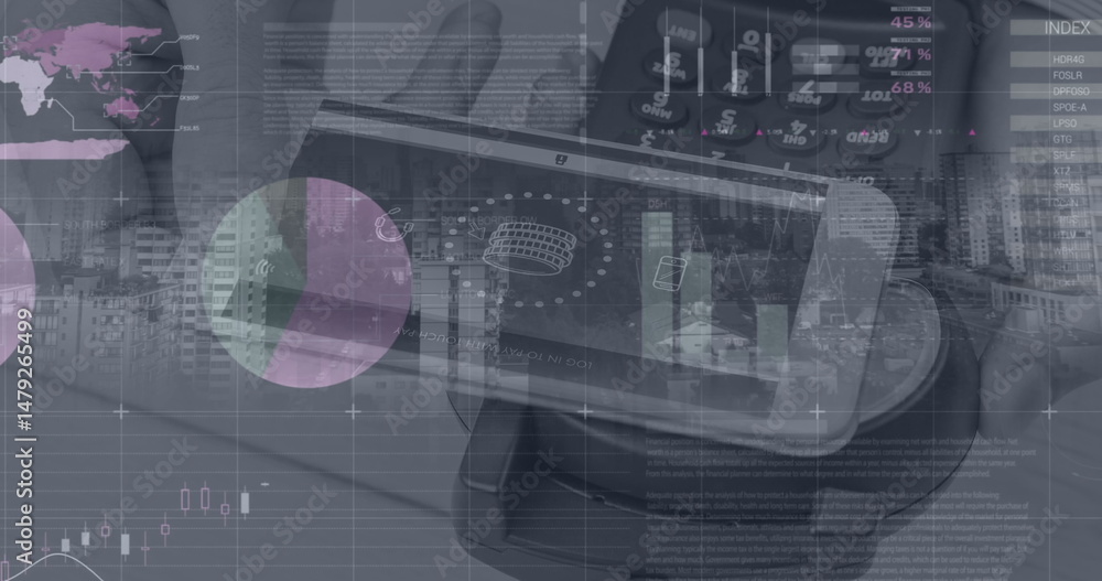 Poster image of financial data processing over man using computer