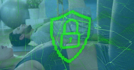 Showing couple resting on yoga mats at fitness studio, with green shield overlay and padlock icon