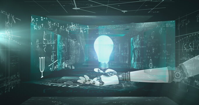 Extending sleek robotic arm holding glowing light bulb in future lab, with holographic screens