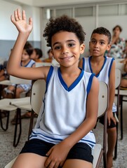 Cute Brazilian Schoolchildren Raising Hands Eagerly in Classroom – Active Learning, Latin American Education Concept (Elementary Students, Joyful Participation)