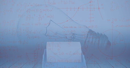 Displaying white rectangular tissue box resting on wooden tabletop, with floating red math notation