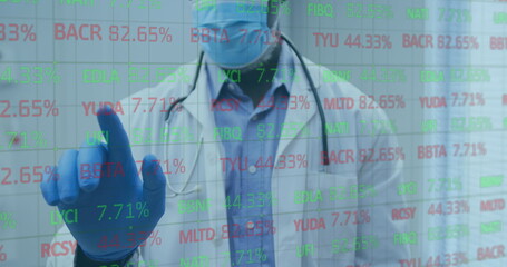 Image of stock market data processing over male doctor touching an invisible screen