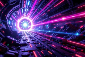 Obraz premium futuristic sci fi scene featuring a luminous energy burst with vibrant neon colors and lens flare effects