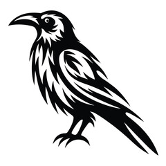 Striking Black Raven Illustration with Abstract Feather Details on White Background