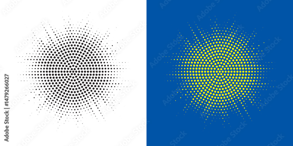 Poster Halftone circle frame background set. Round border Icon using halftone random circle. Grunge circular stain. Vector illustration.	